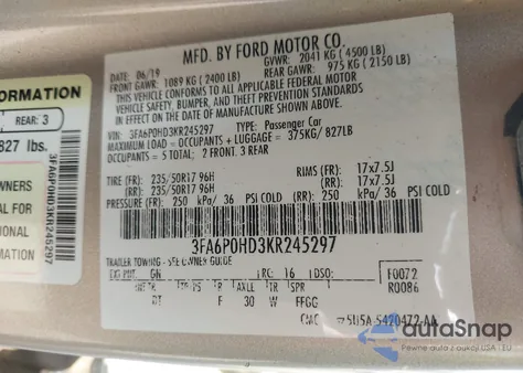 2019 Ford Fusion Se z USA, uszkodzony, nr VIN 3FA6P0HD3KR245297
